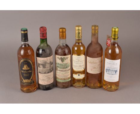 A mixed box of six bottles of white and red Bordeaux wines, including Chateau de Cadillac-en-Fronsadais 1982, Chateau Climens