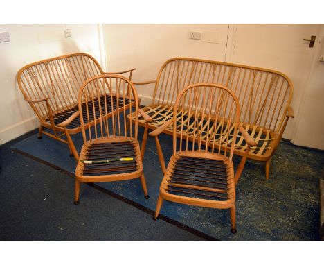 A four piece Ercol sofa and armchair suite, comprising two single seats, a double and a three seater sofa, all with Ercol mar