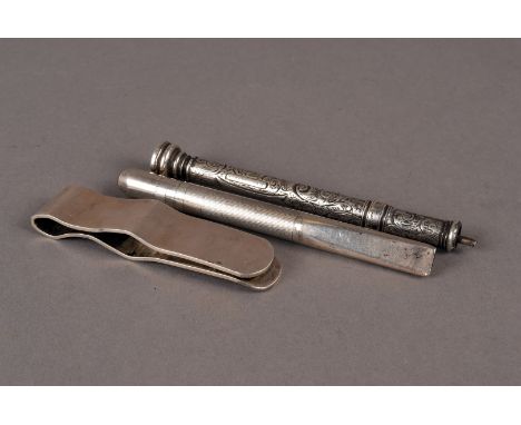 A late Victorian silver pencil by S. Mordan & Co, having engraved barrel and bloodstone seal terminal, AF, together with a Ge