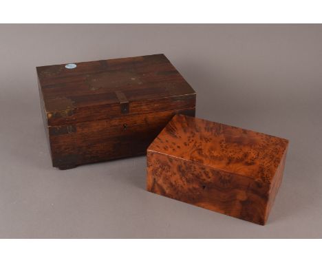 A 19th century amboyna twin compartment tea caddy, together with a 19th century brass strapped box, a Japanese cigarette box,