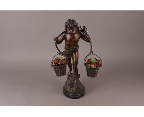 A Spelter Bacchanalian lamp, modelled as a boy carrying two baskets of fruit, the fruit being made as glass with illuminating