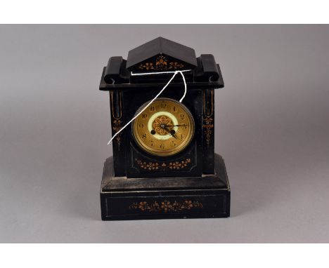 A 19 Century Black slate clock,  with inset gold decoration, 8 day French movement with gilt dial and Arabic numerals, key an