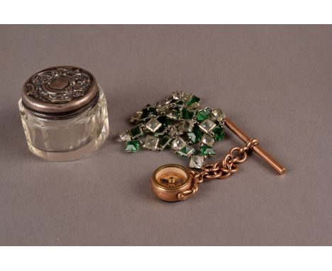 A 9ct gold spinning fob with compass, together with T bar, plus and Art Deco gem set necklace, and a silver topped glass pot 