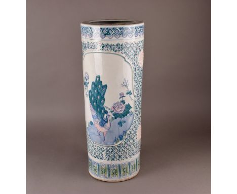 A Chinese Cylindrical Ceramic stick stand, with bird, Peacock and cherry  blossom design with decorative panelled borders, 63