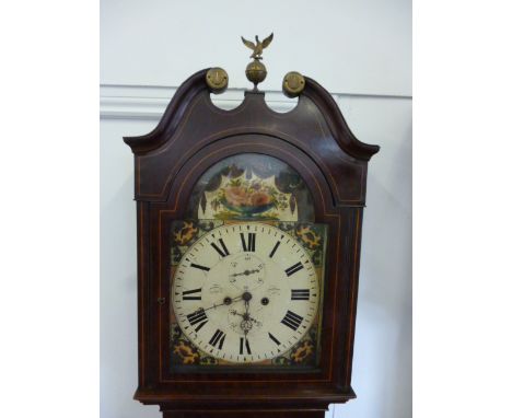 An 18th century mahogany longcase clock by Walter McAdam of Bathgate, with finely floral painted arch dial surmounted by eagl