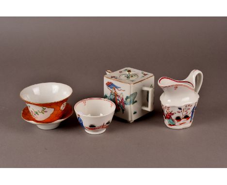 A 19th century Chinese square tea pot, with famille rose design, together with a Chinese bowl and stand, plus New Hall tea bo