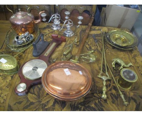 A mixed lot to include a wall hanging tapestry, fireside implements, a Victorian copper kettle, a foot warmer, silver plated 