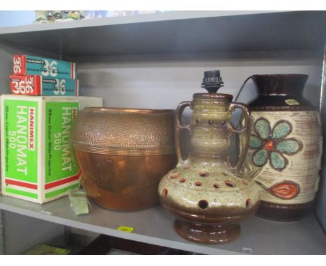 A mixed lot to include a large copper hammered bowl, retro lamp, West German vase and a Hanimex Hanomat 500 projector with ac