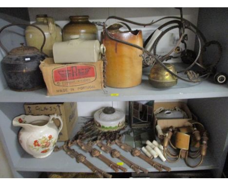 A mixed lot of lighting to include a stained glass porch light, stoneware jars, cast iron kettle and other items 