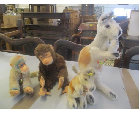 Three Steiff animals to include Linda the Kangaroo, Kangoo the Kangaroo and a monkey together with a Hermann monkey 