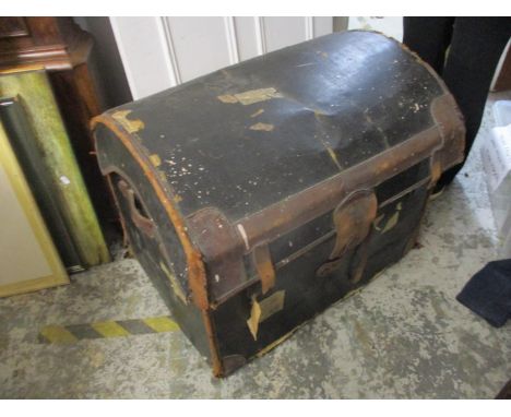 A Victorian wicker trunk clad in black canvas and leather A/F, and a Victorian tin trunk 