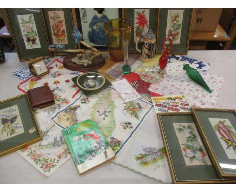 A 1953 Coronation handkerchief and other mid 20th century collectors handkerchiefs together with mixed household ornaments an