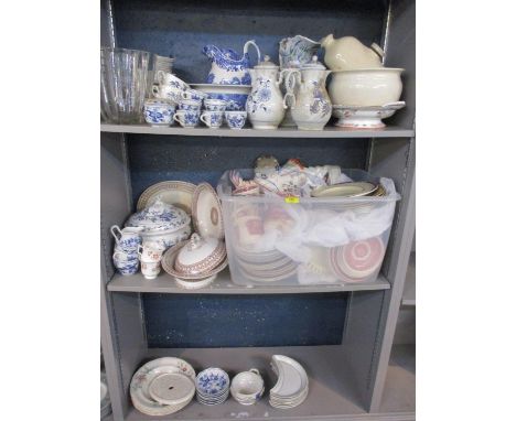 A Masons Vista part dinner service, Wedgwood and ribbon plates, a tall Staffordshire flatback A/F, a Czechoslovakian Onion pa