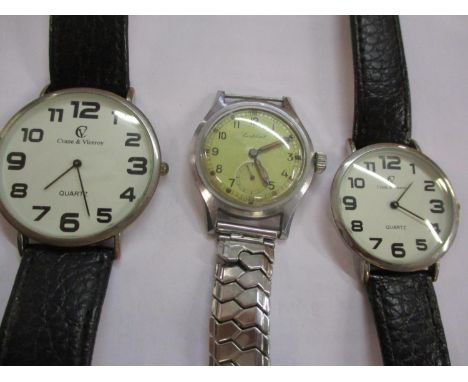 A Cortebert military watch (strap A/F) together with  his and hers Crane &amp; Viceroy wrist watches, housed in a small treen