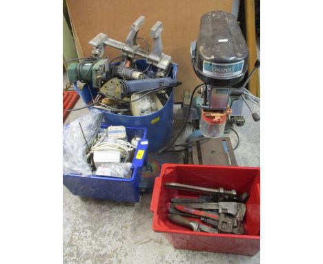A Draper Piller drill, bench grinder and mixed hand tools 