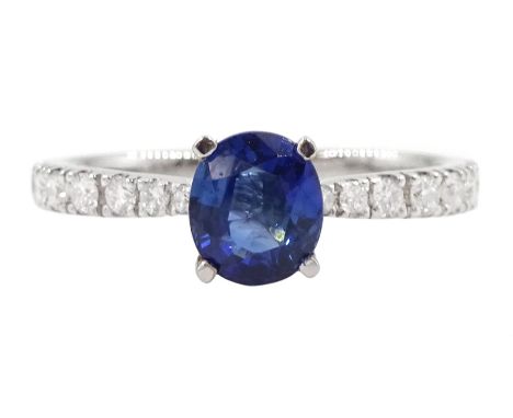 18ct white gold oval cut Ceylon sapphire ring, with diamond set shoulders, sapphire approx 0.90 caratCondition Report:Approx 