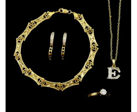 9ct gold jewellery including single stone diamond, bracelet, pair of cubic zirconia hoop earrings and a cubic zirconia 'E' pe