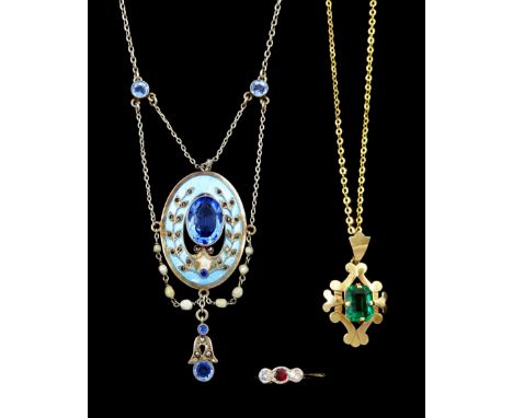 18ct gold three stone diamond and garnet ring, 9ct gold green paste stone set pendant necklace and a silver enamel and blue p