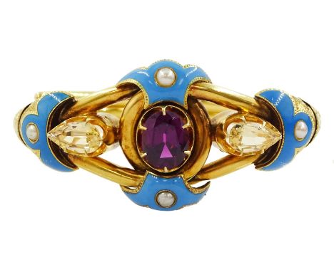 Victorian 18ct gold garnet, topaz, enamel and pearl hinged bangle, the central oval cut rhodolite garnet, set with two imperi