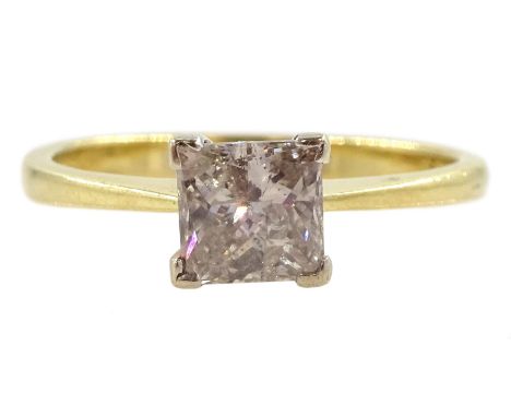 18ct gold single stone princess cut light brown diamond ring, hallmarked, diamond 0.84 caratCondition Report:Approx 2.7gm, si