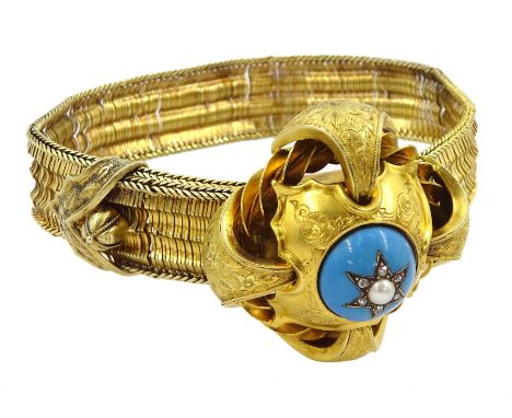 Victorian 18ct gold enamel pearl and rose cut diamond sliding buckle braceletCondition Report:Approx 34.85gm, head bracelet t