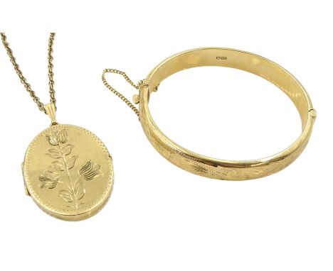 Gold hinged bangle and a gold locket pendant necklace, all 9ctCondition Report:Approx 29.5gm, no interior to locket, bangle n