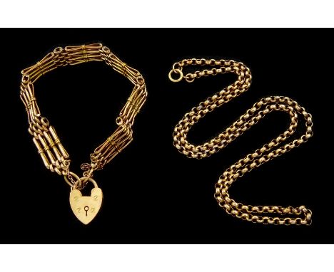 Early 20th century rose gold four bar gate bracelet, with heart locket clasp and a rose gold belcher link necklace, both 9ctC