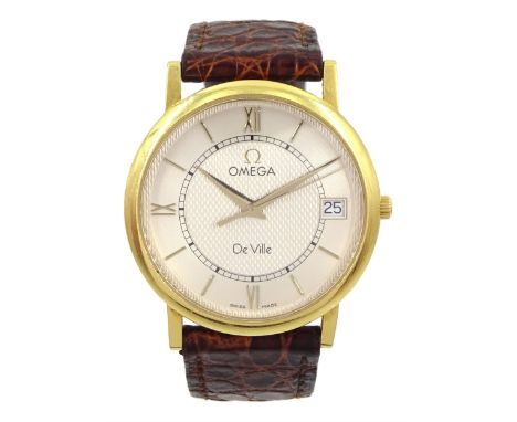 Omega De Ville gentleman's 18ct gold quartz presentation wristwatch, Ref. 73203412, silvered dial, with date aperture, on ori