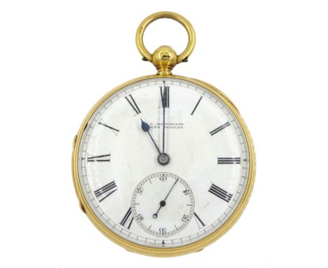 Victorian 18ct gold open face key wound pocket watch by J. G. Mitcheson, North Shields, No. 21940, white enamel dial with Rom