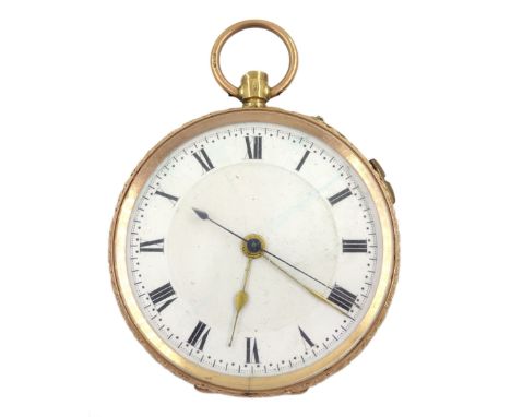 Early 20th century 9ct gold open face keyless pocket watch, stop/work lever, white enamel dial with Roman numerals, case by S