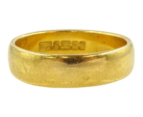 22ct gold wedding band, Birmingham 1958Condition Report:Approx 4.9gm, size approx K (slightly bent), depth = 5mm