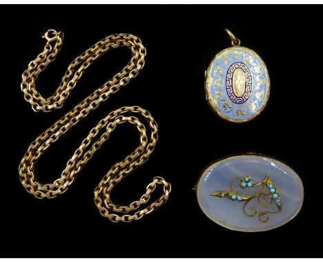 Victorian 9ct gold link necklace, gold mounted chalcedony and turquoise brooch and a gilt enamel locketCondition Report:Appro