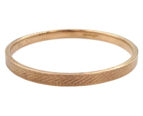 Early 20th century 9ct rose gold bangle, stampedCondition Report:Approx 7.2gm, non magnetic, inner circumference = 20cm, dent