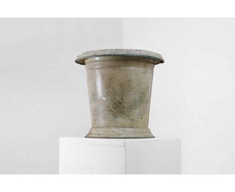 A painted toleware planter, late 19th century, decorated with leafy vines, 32cm wide30cm deep30cm high