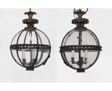 A pair of bronze, gilt-brass and glass 'Pennington' globe lanterns by Jamb, of recent manufacture, each with a foliate finial