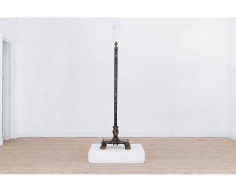 An export lacquered floor lamp,  19th century and later, Chinese, painted with temple scenes, figures and foliage, converted,