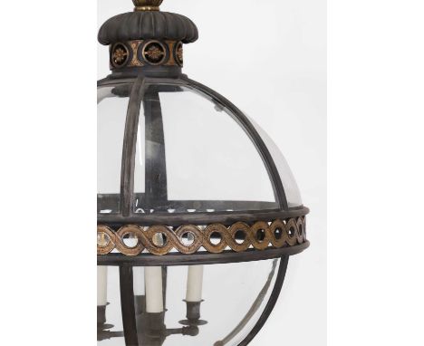 A large bronze, gilt-brass and glass 'Original' globe lantern by Jamb, of recent manufacture, with a foliate finial, guilloch