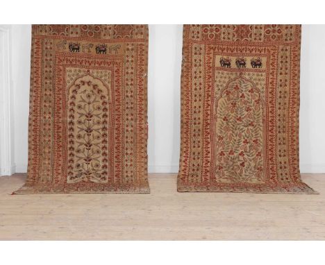 A near pair of block-printed hangings, early/mid-20th century, Indian, worked in red and black ink on a canvas ground, each d