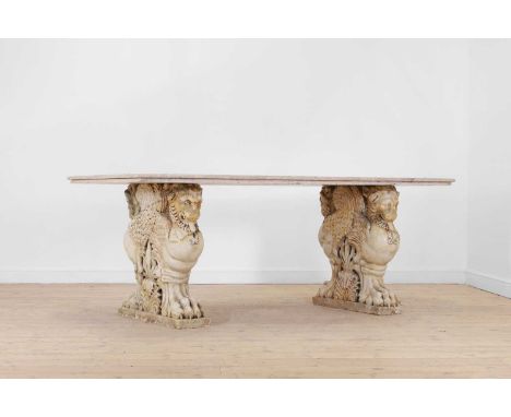 A marble and travertine console table after the antique, 20th century, Italian, the stepped two-piece rectangular top raised 
