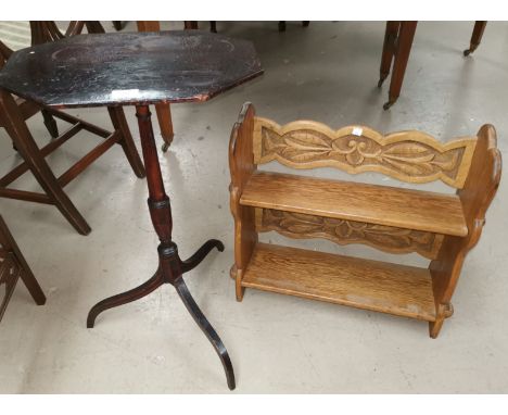 A 19th century octagonal wine table on pedestal base; a carved oak small 2 height wall shelf 