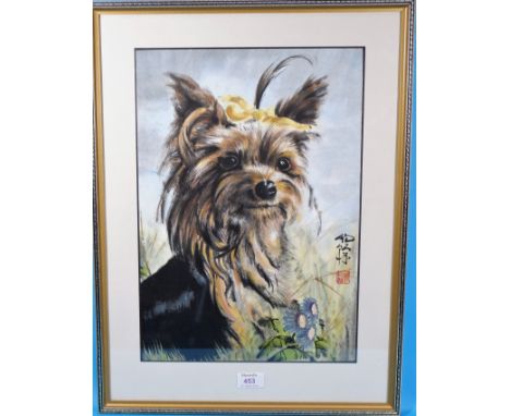 An oriental watercolour portrait of a terrier with yellow bow, signed and with red seal, 17" x 12", framed and glazed 