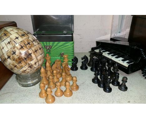 A violin coffin case and a bow; a turned wood chess set and draughts; a carved bone egg; a novelty 'Piano' telephone 