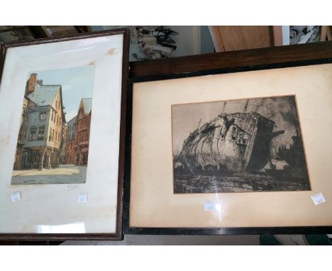 Eric Young:  signed limited edition print, Industrial Landscape, 22" x 31!, framed and glazed; a colour aquatint of a town sc