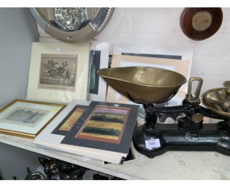 A set of brass kitchen scales and weights; A framed Victorian cricketing print, humorous hunting print, Tunnicliffe bird prin