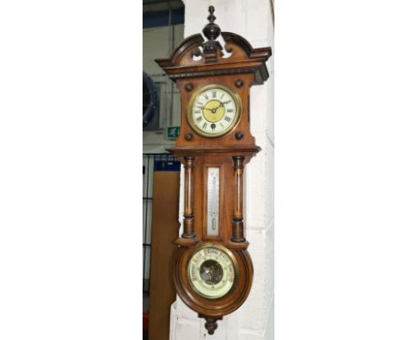 An Edwardian Vienna style wall clock in walnut case with barometer and thermometer 