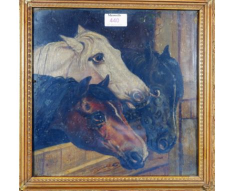 Follower of J F Herring:  3 horses looking over a stable door, oil on canvas, signed indistinctly, 11" x 11", framed and glaz