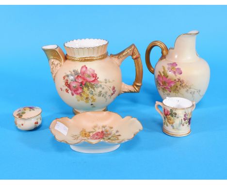Five late 19th / early 20th century Royal Worcester blush peach items: 2 jugs, a dish, a miniature tyg and a pill box 