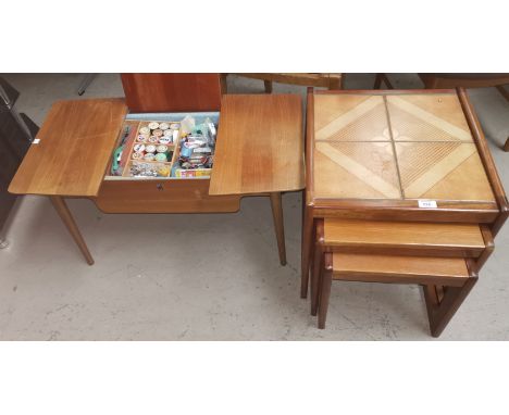 A 1960' teak nest of 3 tile top occasional tables; a rectangular sewing/ occasional table 