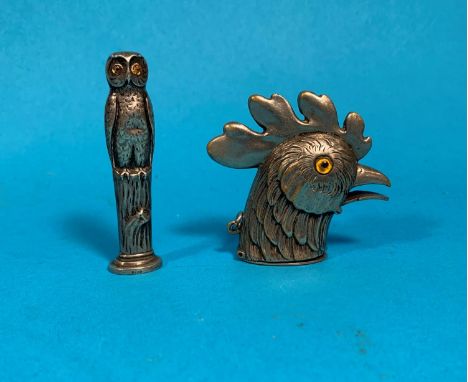A silver seal with owl finial; a novelty 'cockerell head' Vesta case