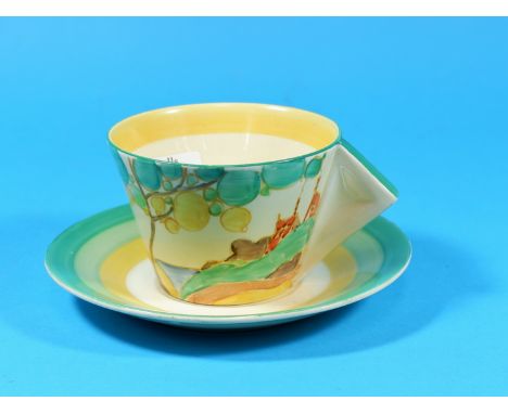 A Clarice Cliff conical cup and saucer, "Secrets" pattern, black printed Bizarre mark for Wilkinson &amp; Son 